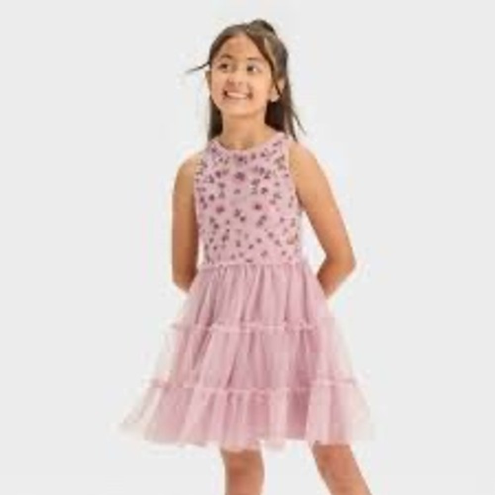 Cat & Jack Girls Mauve Purple Floral Embroidered Tulle Tiered Dress XS 4/5 NWT